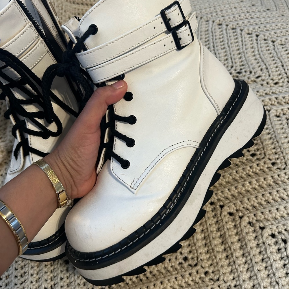 Demonia White Combat Boots with Black Accents - Picture 2 of 10